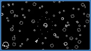 Pixel spaceship from Asteroids game firing missiles at asteroids in space